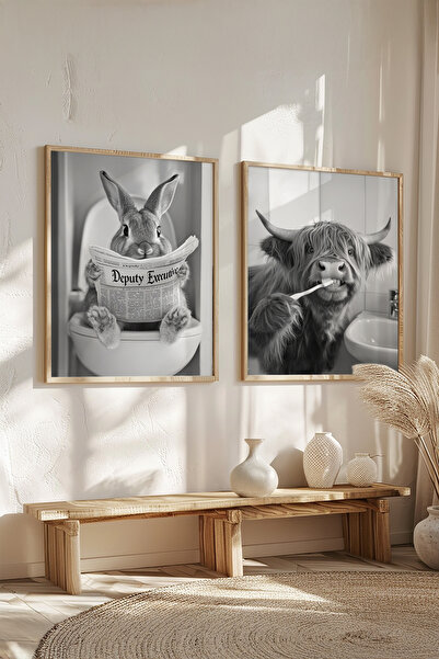 STARYUNA Set de 2 picturi pentru toaletă de baie cu ilustrații de animale cu rame din lemn Yuna248