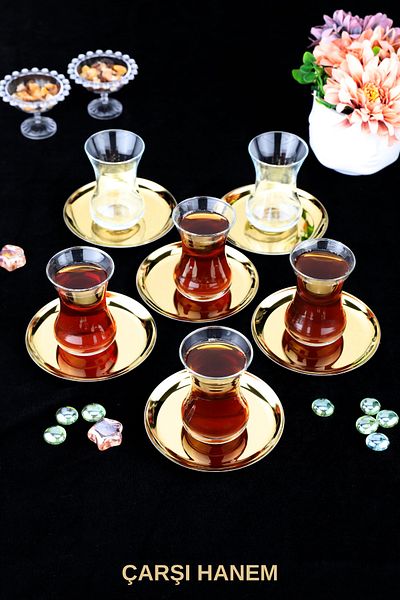 ÇARŞI HANEM Round 6 Pieces Gold Stainless Steel Round Snack Plate Presentation Set Tea Cup Coffee Side 12 cm