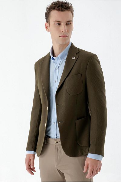Morven Men's Khaki Woven Slim Fit Bag Pocket Mono Collar Sports Jacket