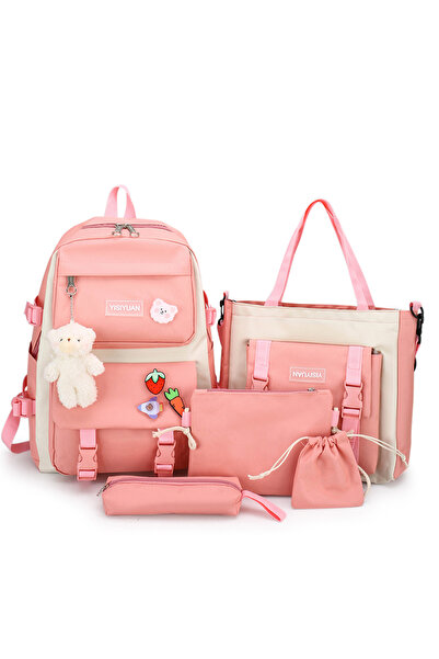 OEM Set of 5 backpacks/schoolbags, Brand YISIYUAN logo, Nylon, Pink/Beige