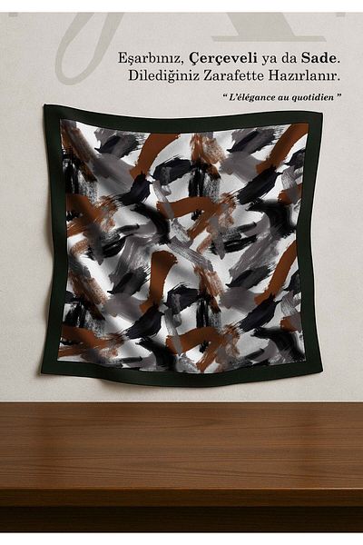 DESENİX Brush Print Patterned Scarf |   4 Color Options |   90X90 - 100X100Cm |   Shiny Satin