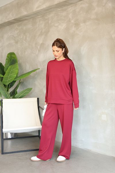02Lady Fashion Oversize Crew Neck Wide Leg Modal Fabric Tracksuit Set