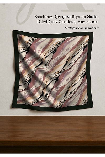 DESENİX Resin Patterned Scarf |   Powder & Khaki Color Options |   90X90 - 100X100Cm |   Shiny Satin