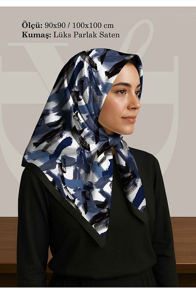 DESENİX Brush Print Patterned Scarf |   4 Color Options |   90X90 - 100X100Cm |   Shiny Satin