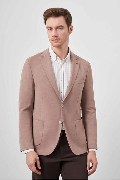 Morven Men's Cinnamon Woven Seersucker Slim Fit Bag Pocket Mono Collar Sports Jacket