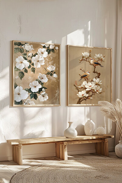 STARYUNA Ahşap çerçeveli Kuşlu ve Beyaz Çiçekli Yağlıboya Efektli 2'li tablo ...