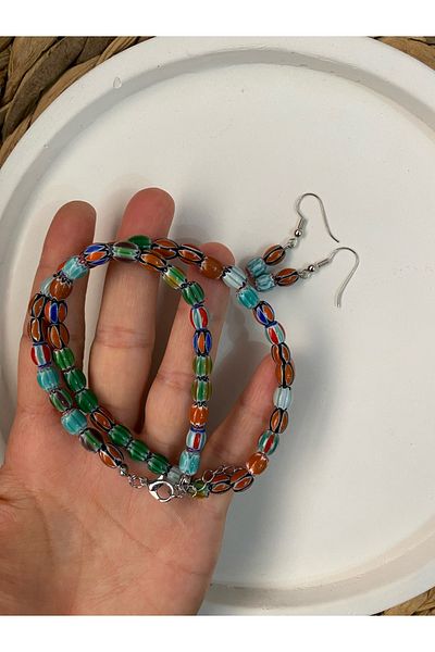 Stoneday Colorful Indian Bead Silver Detailed Plated Necklace Earring Set