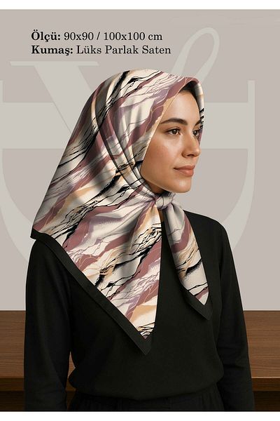 DESENİX Resin Patterned Scarf |   Powder & Khaki Color Options |   90X90 - 100X100Cm |   Shiny Satin