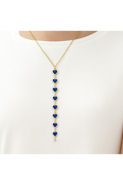 staınless steel Mavi Kalp Detaylı Uzun Çelik Y Kolye