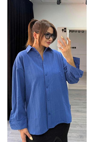 Daves Blue Textured Long Sleeve Linen Shirt