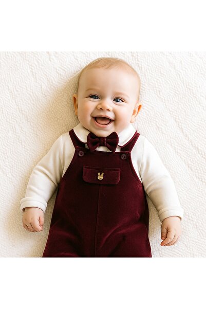 NoyNoy Baby Papyonlu Kadife Salopet Kutulu Set