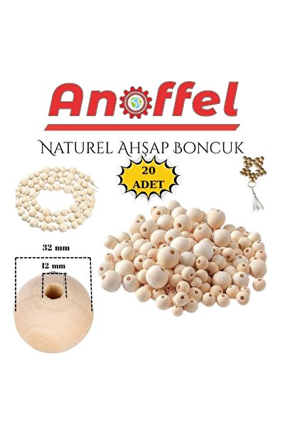 Anoffel Naturel Ahşap Boncuk 32mm 20li 1 Paket Ham Boyanabilir Ahşap Yuvarlak...