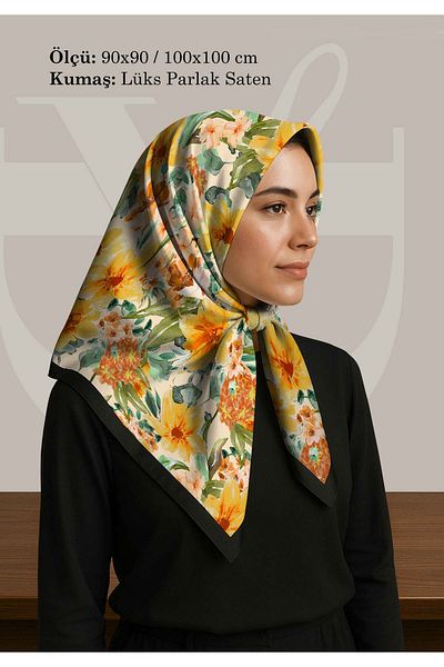 DESENİX Vibrant Floral Pattern Scarf |   Sun Yellow Floor |   90X90 - 100X100Cm |   Shiny Satin