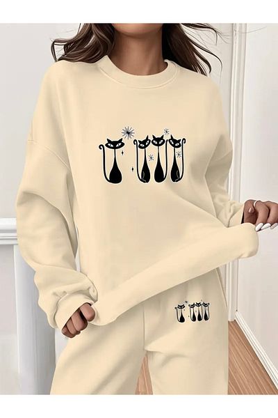 FUFLUNS Cat Printed Unisex Oversize Circle Neck Bottom/Upper Tracksuit Set