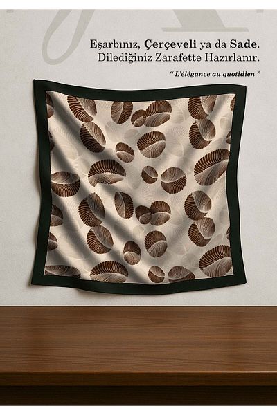 DESENİX Minimal Leaf Pattern Scarf |   Milky Coffee Floor |   90X90 - 100X100Cm |   Shiny Satin