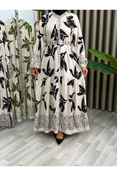 VELUNA BUTİK Kadın Kemerli Rengine Göre Desenli Elbise