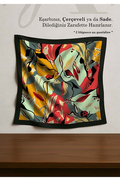 DESENİX Tropical Artistic Patterned Scarf |   Colorful Lines |   90X90 - 100X100Cm |   Shiny Satin