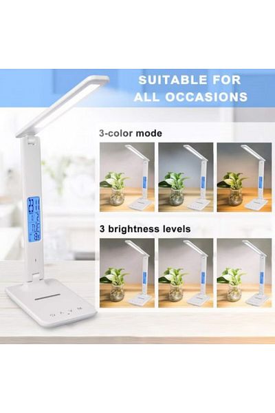 Kardett LED desk lamp with wireless charging, USB port, clock, alarm, thermometer, touch control, 5 levels