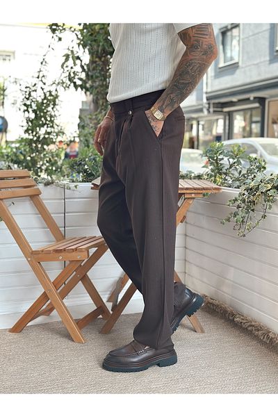 manch collection Belt Detailed Baggy Pleated Fabric Trousers Brown