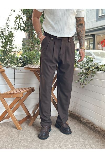 manch collection Belt Detailed Baggy Pleated Fabric Trousers Brown