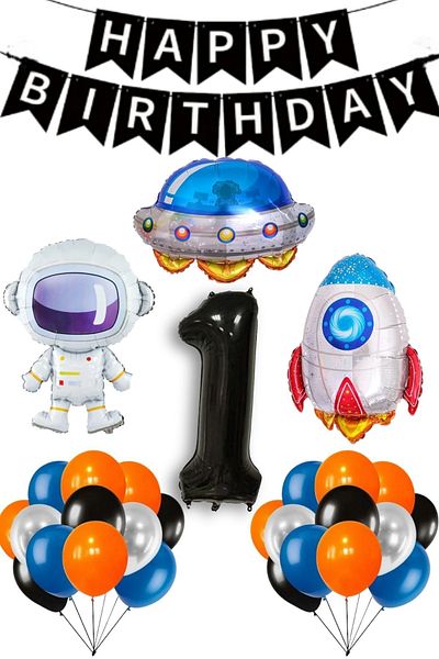 PARTİAVM 1 Year Old Astronaut Birthday Rocket Galaxy Spaceship Themed Birthday Full Set with Black Number Balloons
