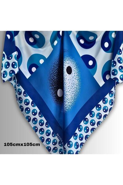 POZİTİF MRK وشاح أزرق بتصميم حريري بنمط رمز يين يانغ أزرق أبيض 105 سم × 105 سم