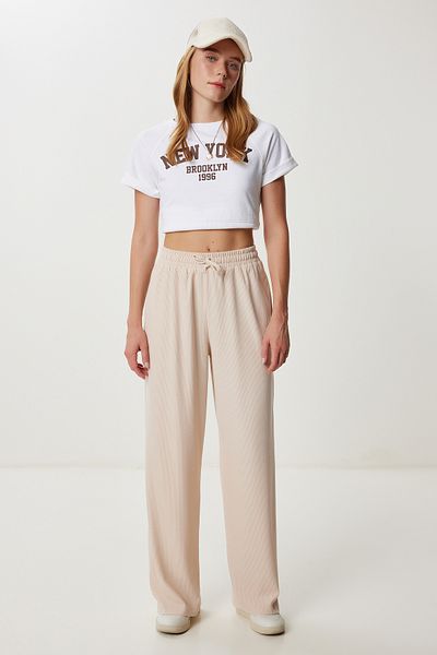 Lovelyİstanbul Pantaloni tricotati cu picioare late cu buzunare LYY0114 BEIGE