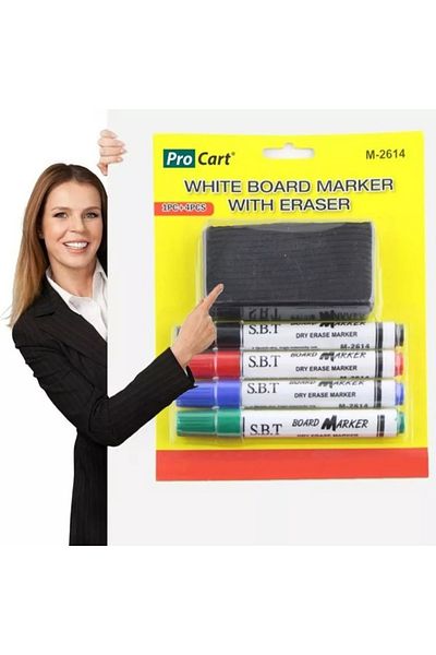 SbT Dry Whiteboard Marker Set with Eraser – 4pcs Bold Markers for Smooth Writing & Easy Erasing
