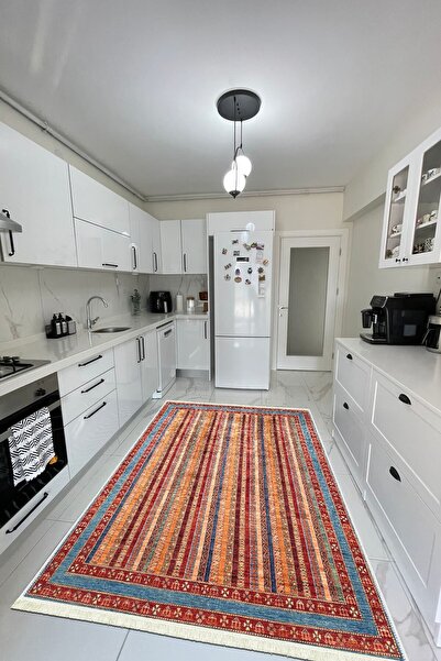 CENTER AVM Renkli Lacivert Halı Mutfak Halısı Makinede Yıkanabilir Kaymaz Tab...