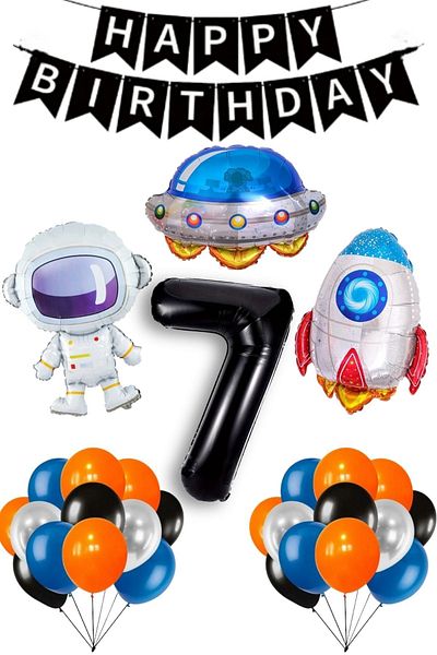 PARTİAVM 7 Year Old Astronaut Birthday Rocket Galaxy Spaceship Themed Birthday Full Set with Black Number Balloons