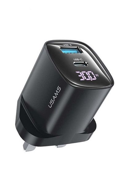 Usams 30W Dual Ports Fast Charger (UK) - Electroplating Design with Digital Display
