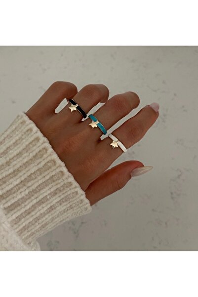 AychaAksesuar خاتم نجمة قابل للتعديل من المينا الأسود