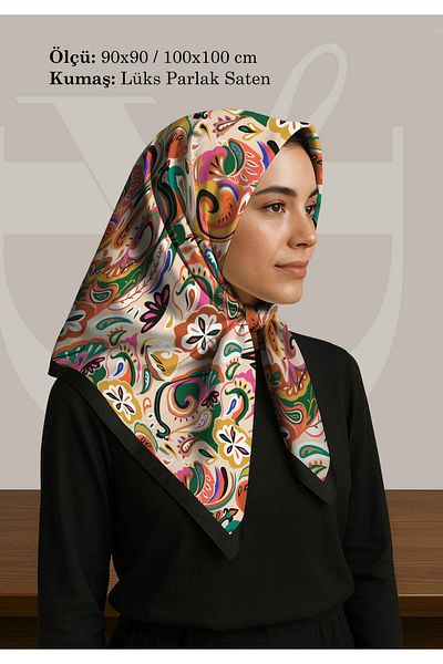 DESENİX Ethnic Colorful Patterned Scarf |   Live Cream Floor |   90X90 - 100X100Cm |   Shiny Satin