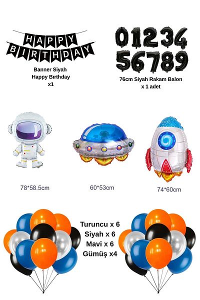 PARTİAVM 2 Year Old Astronaut Birthday Rocket Galaxy Spaceship Themed Birthday Full Set with Black Number Balloons