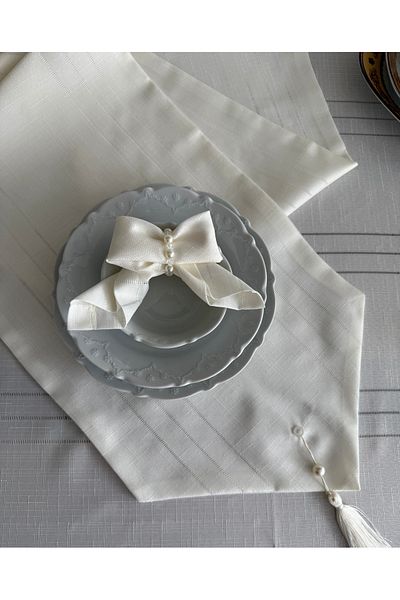 Hilaliart 26 Piece Luxury Tablecloth Set – Includes Pearl Detailed Napkin Holder, Double Layer Runner