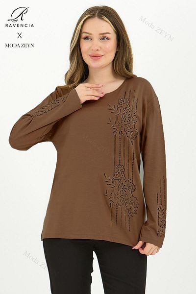 Ravencia Women's Middle Age and Above Viscose Stripe Pattern Stone Embroidered Lycra Dark Brown Mother Combed Cotton Blouse