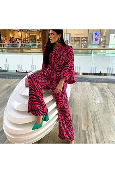 MADAME MELEK Loose Leg Pants Blouse Suit Zebra Pattern Kimono Suit