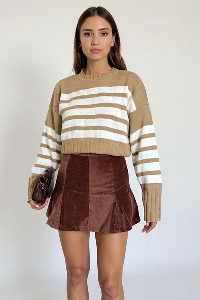 sole stories Camel Women's Oversize Cut Crop Crew Neck Striped Long Sleeve Knitwear Sweater