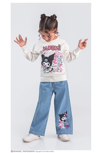 LİLLYPİCCA Girl's 2-Piece Set Printed Sweatshirt Wide Leg Jeans with Elastic Waist
