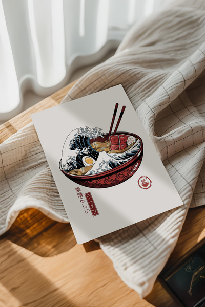 Çerçevesiz Poster Tablo, İllüstrasyon,Hokusai Ramen,Sanatsal Hd Baskı