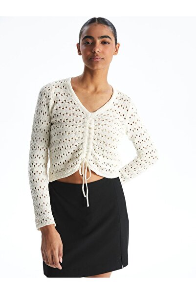 LC Waikiki Xside White V-Neck Openwork Women's Knitwear Sweater