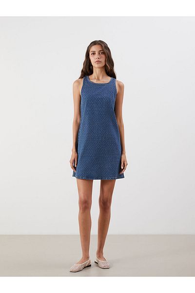 LC Waikiki Quality Parts from Celebi Store |   Indigo Crew Neck Self Patterned Mini Jean Dress
