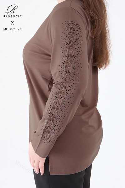 Ravencia Women's Middle Age and Above Viscose Stripe Flower Pattern Stone Embroidered Lycra Dark Brown Mother Combed Cotton B
