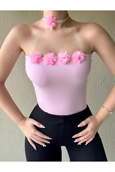 Doll Wear Butik Pembe Çiçek Detaylı Straplez Bluz
