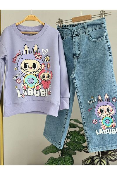 LİLLYPİCCA Girl's 2-Piece Set Printed Sweatshirt Wide Leg Jeans with Elastic Waist