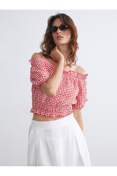 LC Waikiki Quality Parts from Celebi Store |   Red Boat Neck Plaid Ruffle Blouse