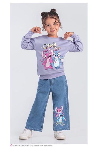 LİLLYPİCCA Girl's 2-Piece Set Printed Sweatshirt Wide Leg Jeans with Elastic Waist