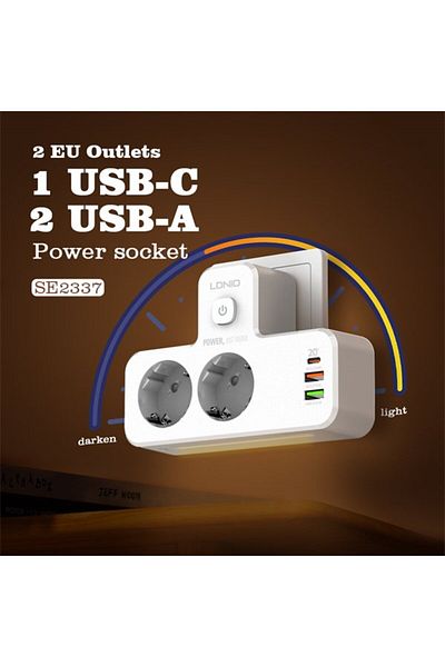 LDNIO Adaptor priza SE2337, 2 prize, 2 X USB-A, 1X USB-C, incarcare rapida QC 3.0, 10A