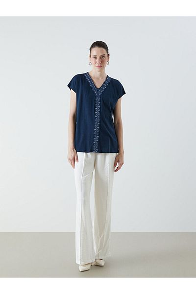 LC Waikiki Quality Parts from Celebi Store |   Grace Navy Blue V-Neck Embroidered Linen Look Blouse