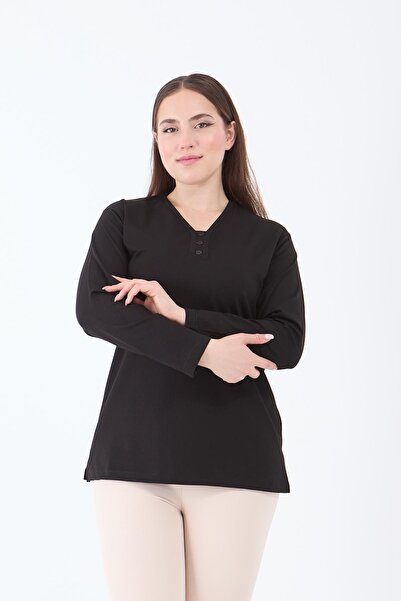 Ravencia Women's medium age and over v-neck Stretch Fabric black mother combed cotton blouse